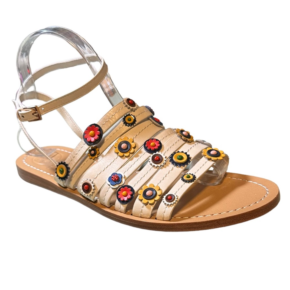 Tory Burch Marguerite White Leather Floral Ankle Strap Sandals